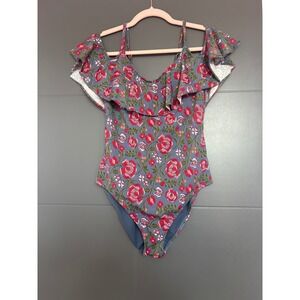 Adore Me Women's Floral Print Ruffle One Piece Swimsuit‎ Gray Red Medium